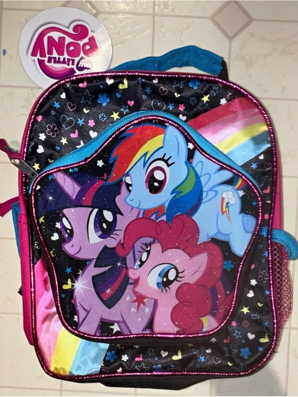Official 2014 Hasbro My Little Pony Backpack Pink/Blue Rainbow Accent w/ Glitter